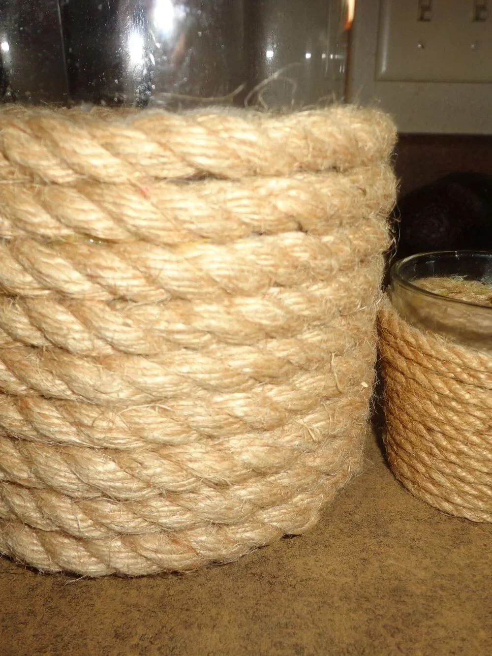 Lot of 2 Nautical Candle Holders Rope Glass Coastal Pillar & Tea Light Candle